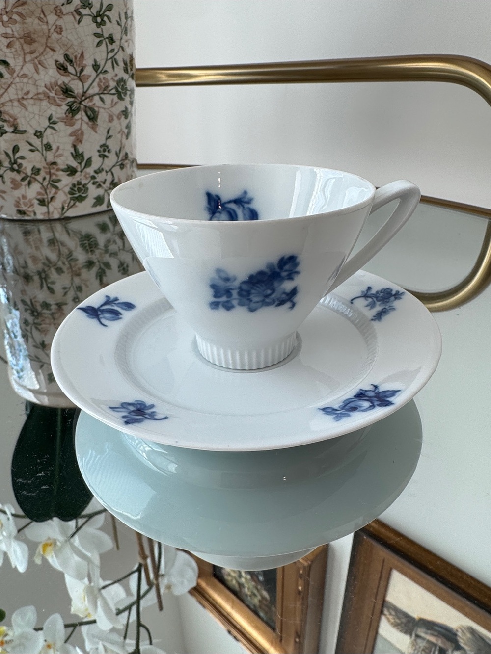 Upsala Ekeby Karlskrona Sweden Blue and White Teacup and Saucer